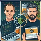 Ilustração da Two Brewers com tecnologia, colaboração e uma xícara de café